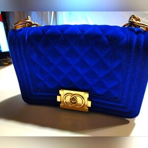 Blue Quilted Velvet Chain Shoulder Bag - Unbranded